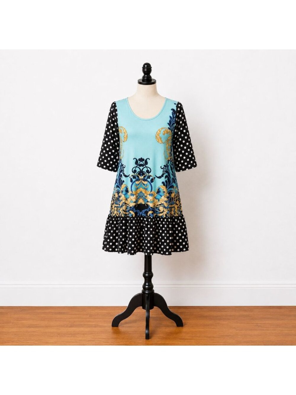 Zadie B's Turquoise Baroque Print Swing Dress Women's Small Travel Knit Tunic